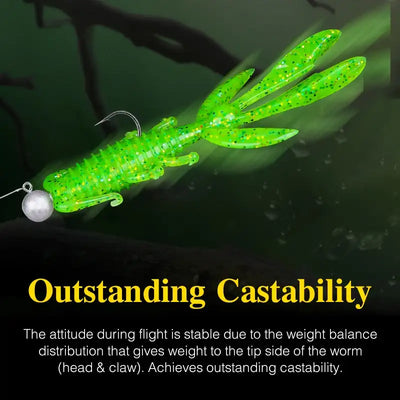 Neon green shrimp soft worm lure with glitter speckles and jig head rig