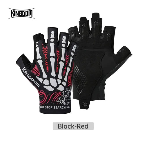 Black and red skeleton print half-finger fishing gloves (left and right pair)
