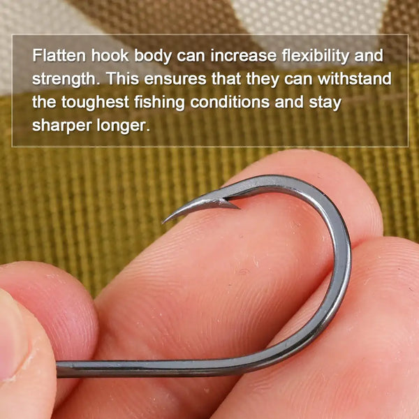 Needle-point offset fishing hook, close-up on hook curve and barbed tip