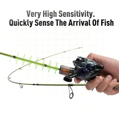 Ultralight casting fishing rod held in hand with wood-grip handle and green shaft