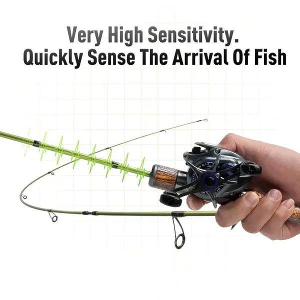 Ultralight casting fishing rod held in hand with wood-grip handle and green shaft