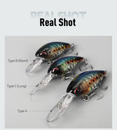 Three floating crankbait minnow lures in blue, green, and dark patterns with treble hooks