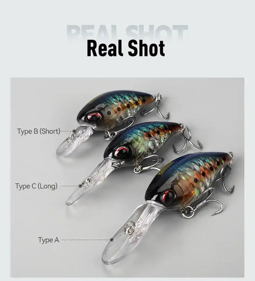Three floating crankbait minnow lures in blue, green, and dark patterns with treble hooks