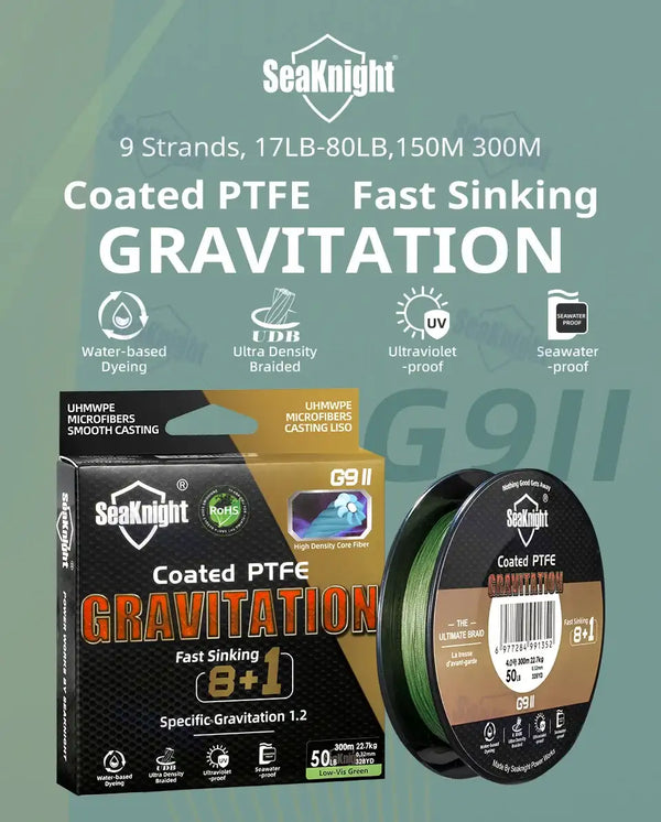 Coated PTFE gravitation fishing line kit with green braided line spool and product box