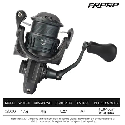 FRERE C2000S spinning reel with black spool and curved handle