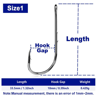 Size1 black double-barbed long-shank fishing hook, shown with length and gap