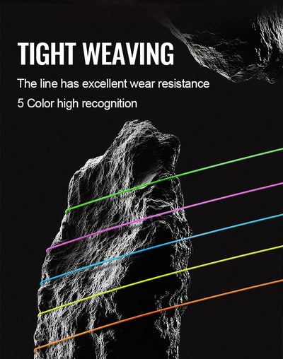 Multicolour braided fishing line strands over a rocky surface