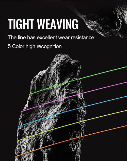 Multicolour braided fishing line strands over a rocky surface