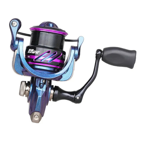 Spinning fishing reel close-up with purple line spool and curved blue frame