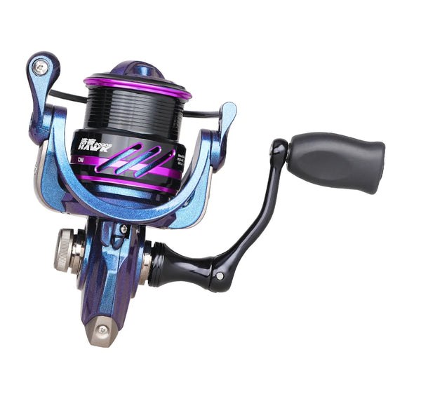 Spinning fishing reel close-up with purple line spool and curved blue frame