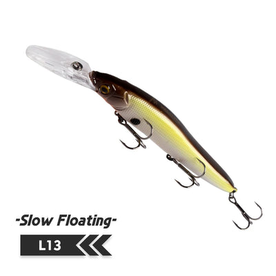 Minnow fishing lure, black-brown and yellow with clear lip, three treble hooks