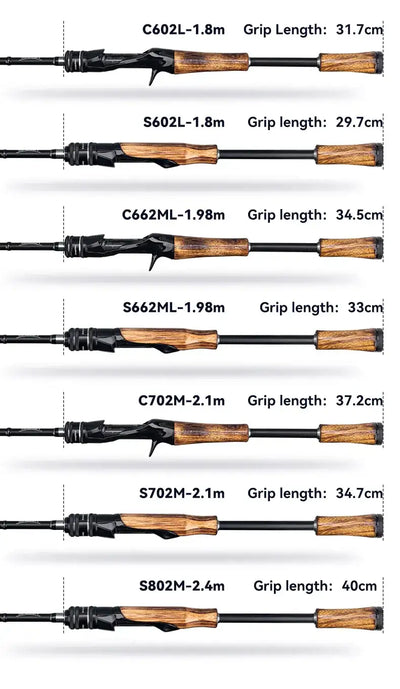 Fishing rods shown side by side with black blanks and wood-grain handles