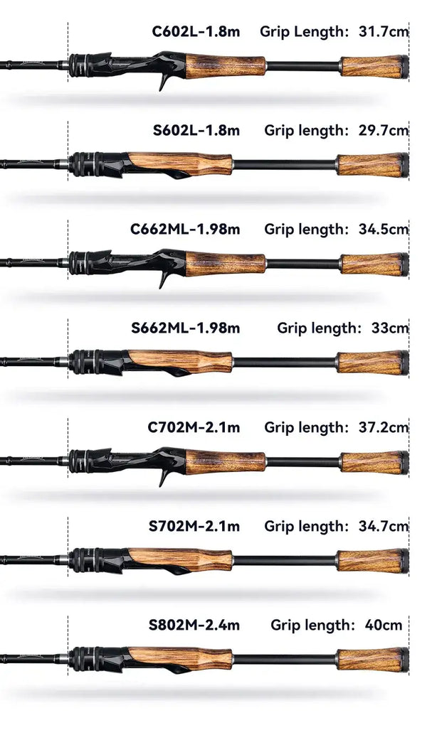 Fishing rods shown side by side with black blanks and wood-grain handles