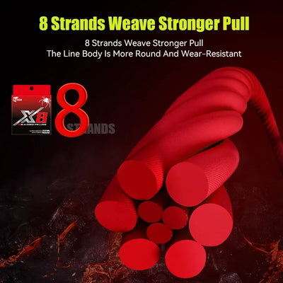 Red braided PE fishing line strands display with small product box