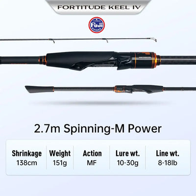 2.7m spinning M power fishing rod, black blank with orange accents and Fuji badge
