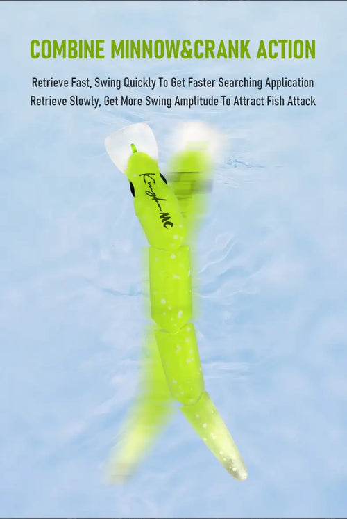 Lime green minnow crankbait lure with white belly and black eye, suspended vertically
