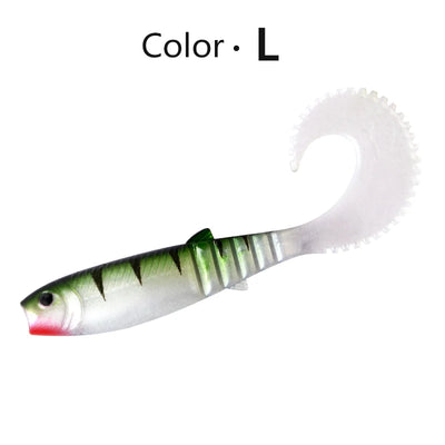 Soft shad silicone fishing lure, green back with silver sides, red belly, curved tail