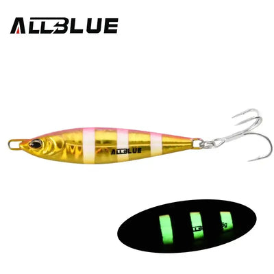 ALLBLUE metal jigging spoon lure, gold body with pink stripe and treble hook