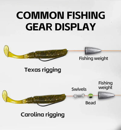 Worm fishing hook with soft lure setup for Texas or Carolina rig, with weight and swivel