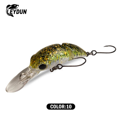 Floating minnow crankbait lure, green speckled with silver belly, two treble hooks