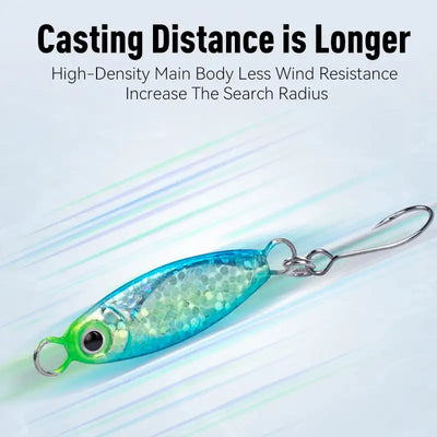 Micro metal jig fishing lure, turquoise-blue glitter body with green eye and single hook