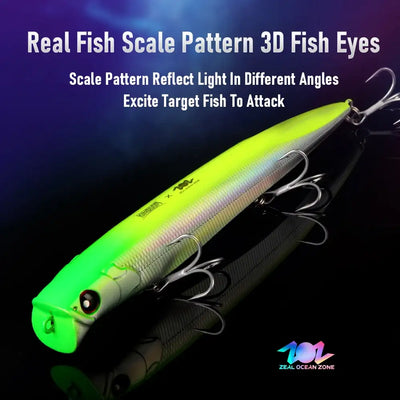 Neon green floating minnow lure with 3D scale pattern, black eye, treble hooks