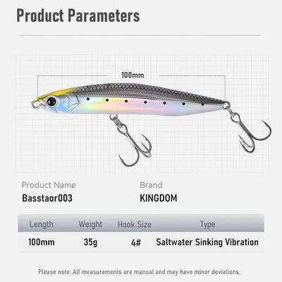 Multi-color sinking pencil fishing lure with front and rear treble hooks, 100mm/35g.