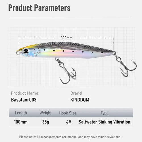Multi-color sinking pencil fishing lure with front and rear treble hooks, 100mm/35g.