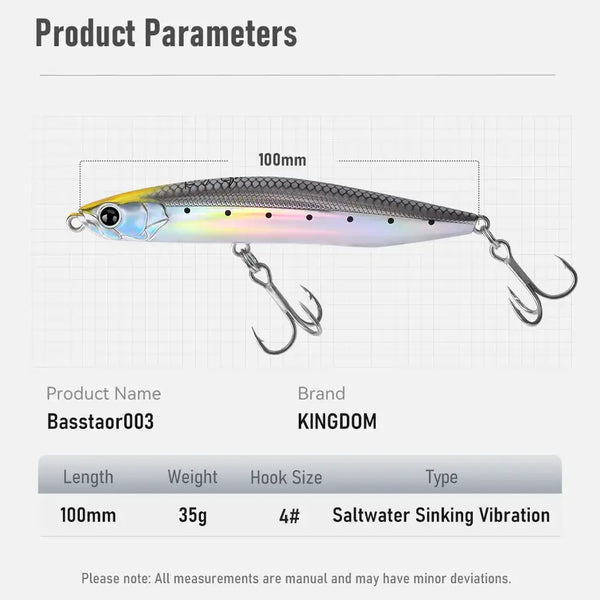 Multi-color sinking pencil fishing lure with front and rear treble hooks, 100mm/35g.