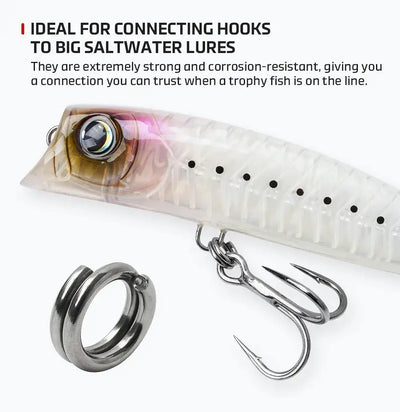Stainless steel split ring on lure hardware with treble hook attachment