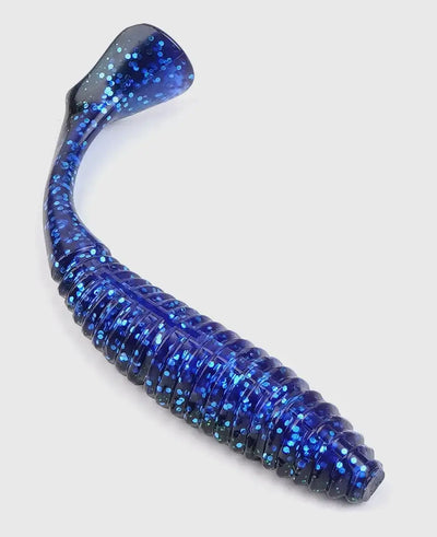 Close-up blue glitter silicone swimbait with dark head and translucent ribbed body.