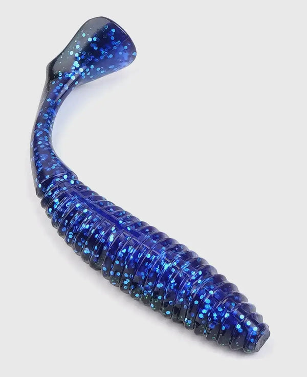 Close-up blue glitter silicone swimbait with dark head and translucent ribbed body.