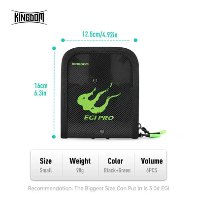 Small black egi storage bag front view with green octopus logo and side strap