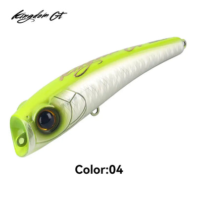 Neon green and white topwater popper lure with large round eye