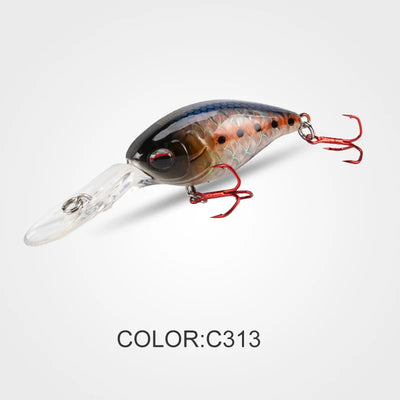 Sinking minnow crankbait in blue-brown with red treble hooks and clear lip