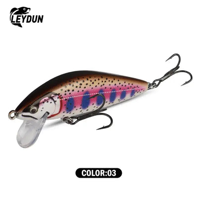 Leydun sinking minnow jerkbait 55mm glossy rainbow trout lure with pendulum sink and three treble hooks