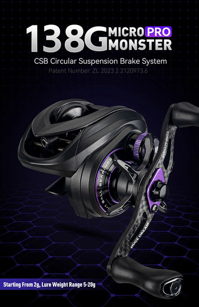 Black baitcasting reel with purple dial accents and extended handle