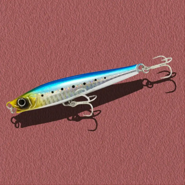 Blue-and-silver lipless minnow sinking lure with speckled pattern and treble hooks