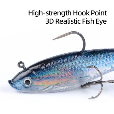 Blue iridescent soft lure close-up with realistic fish eye and treble hooks