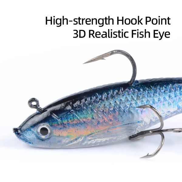 Blue iridescent soft lure close-up with realistic fish eye and treble hooks
