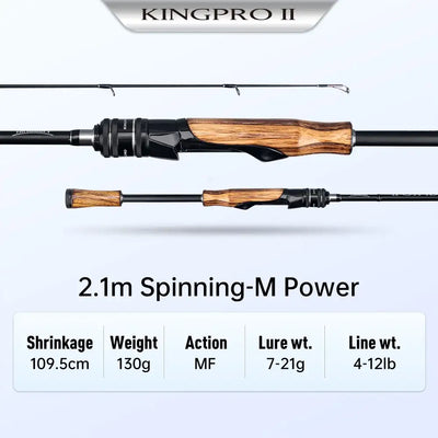Spinning fishing rod with black handle wrap, wood-grain grip, and silver hardware