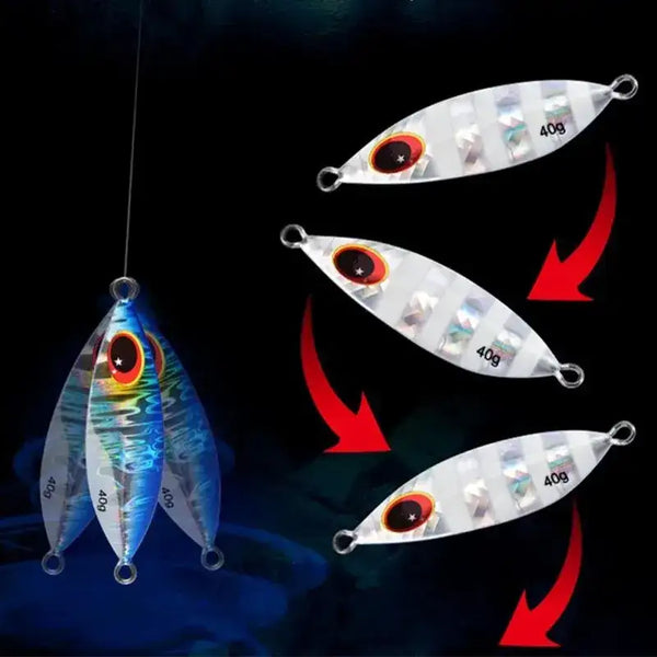 Silver metal fishing jigs with red eye, 40g marking, split-ring hooks and trailing skirt