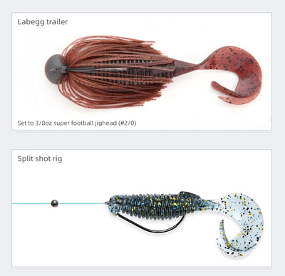 Soft fishing lure with rust-brown skirt and maroon-speckled tail on football jig