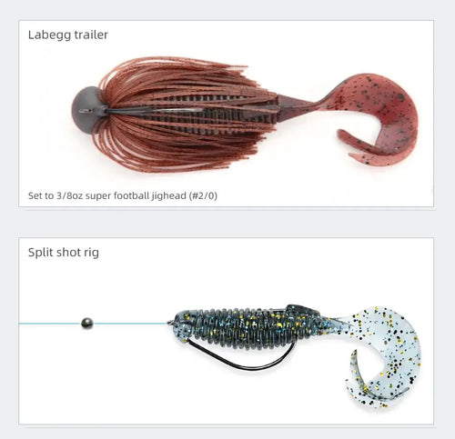 Soft fishing lure with rust-brown skirt and maroon-speckled tail on football jig