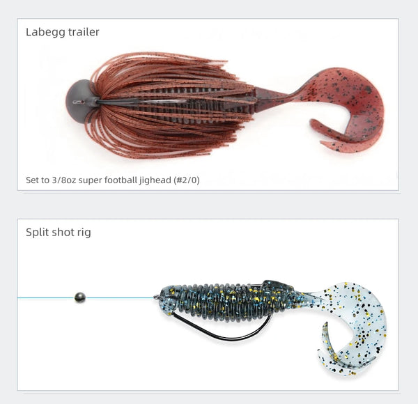 Soft fishing lure with rust-brown skirt and maroon-speckled tail on football jig