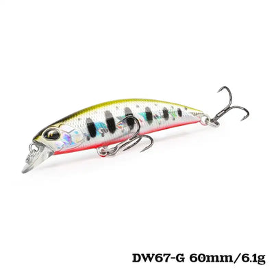 Yellow-green mini sinking minnow crankbait with red line accents and treble hooks