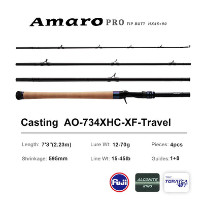 Black casting travel fishing rod with cork handle and multiple line guides