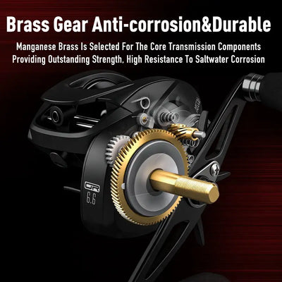 Black baitcasting reel with brass gear inside, anti-corrosion transmission components