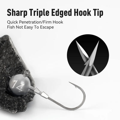 Single triple-edge lead head jig hook with sharp tip and curved hook, shown on bait