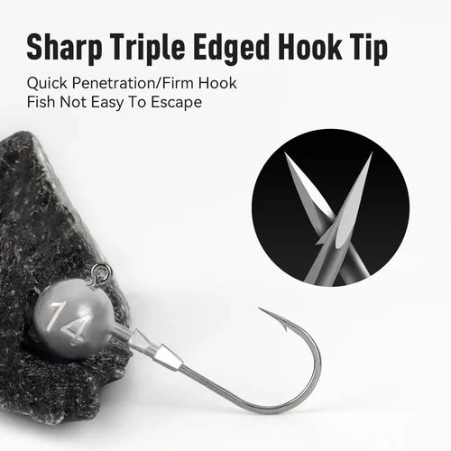 Single triple-edge lead head jig hook with sharp tip and curved hook, shown on bait